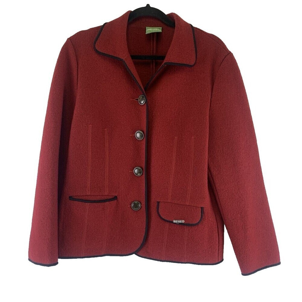Geiger Wool Button Jacket Blazer Red Collared Pockets Black Trim Womens 40 US 10